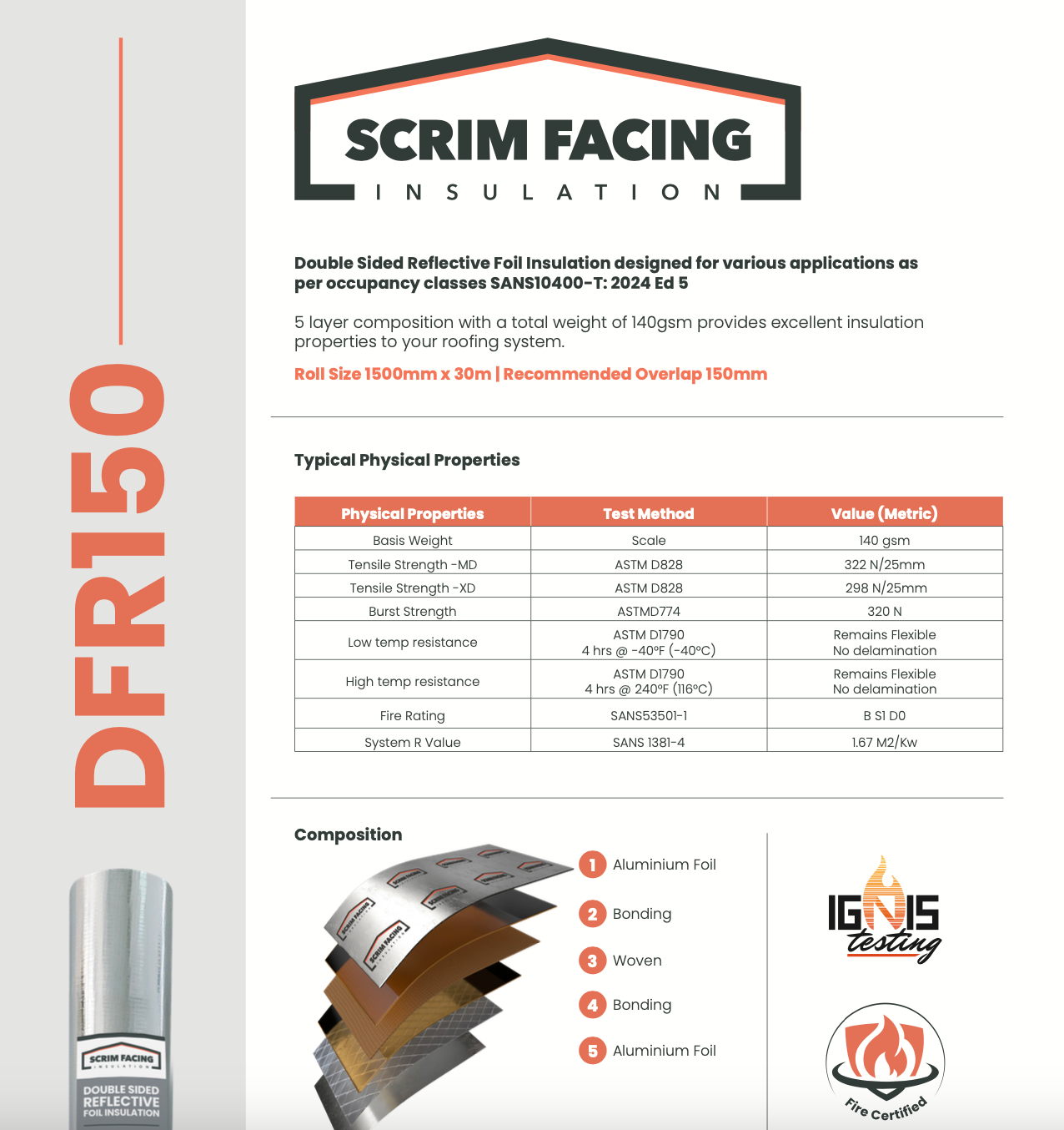 SCRIM Facing Insulation DFR150 - SANS53501-1
